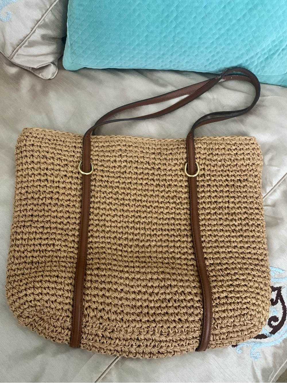 Ralph Lauren Tan Woven Straw Raffia Tote with Brown Leather Straps Gold Hardware - Picture 9 of 10